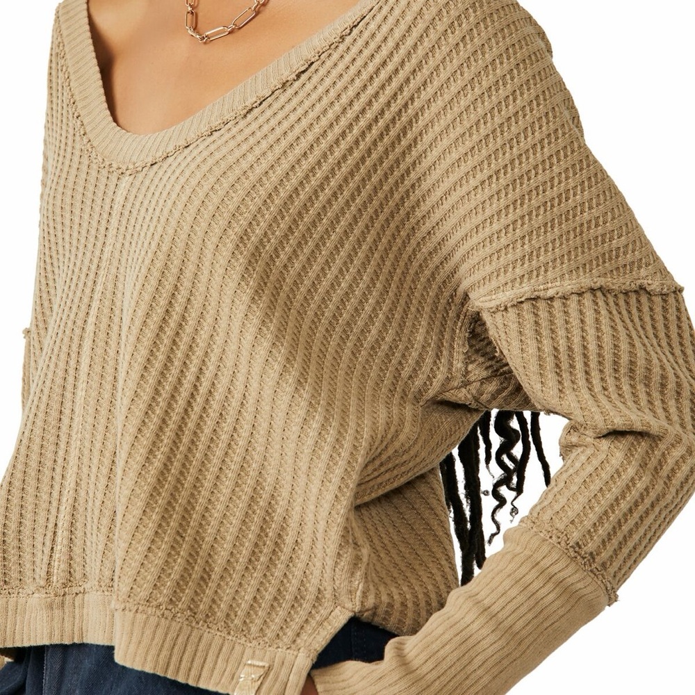 We The Free Ribbed V-Neck Sweater in Beige